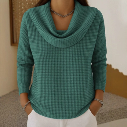 Amber™ – Warm Waffle Sweater with Elegant Waterfall Neckline