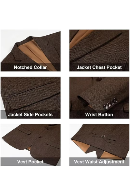 Men's Retro Tweed Herringbone 3 Piece Suit