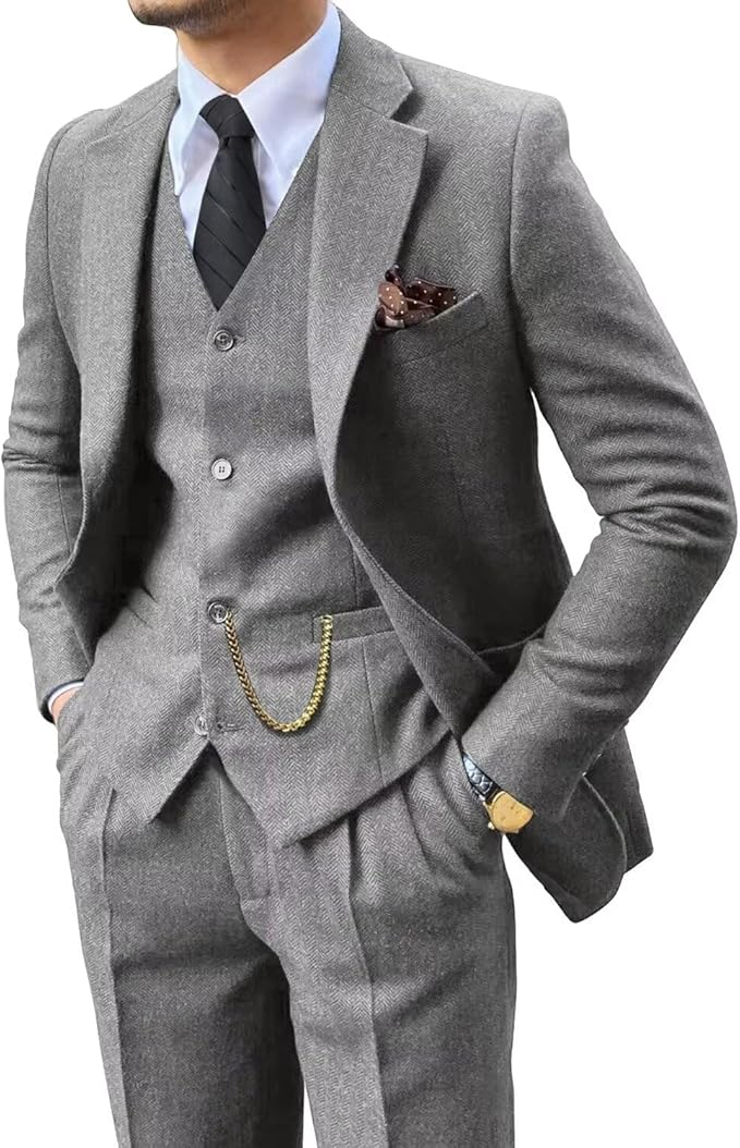 Men's Retro Tweed Herringbone 3 Piece Suit